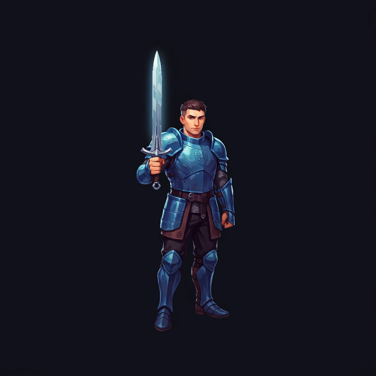 An isolated blue-armored fantasy fighter holding a sword