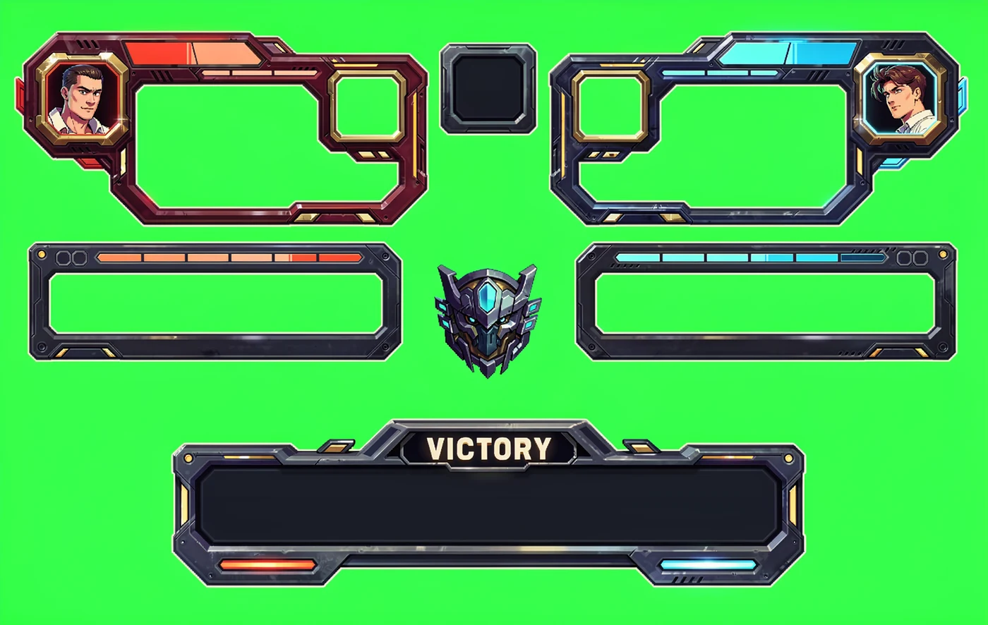 A coordinated sci-fi game interface kit with player panels and status bars