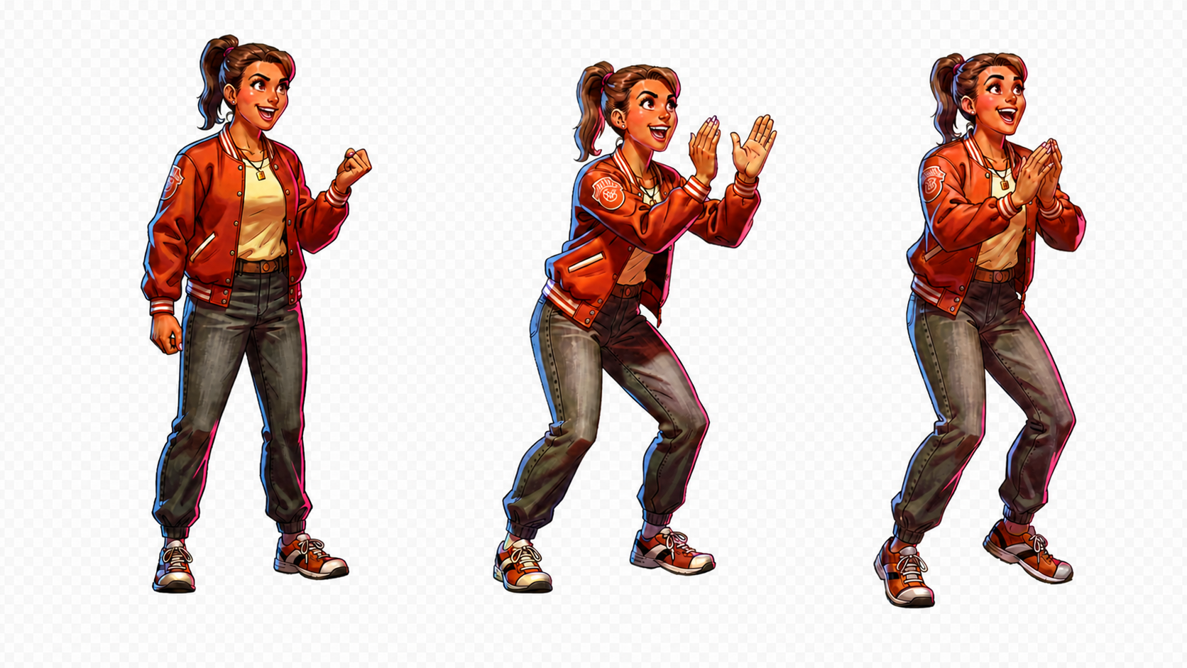 Three-frame sprite sheet of the same red-jacket character in idle, clap wind-up, and clap-impact poses