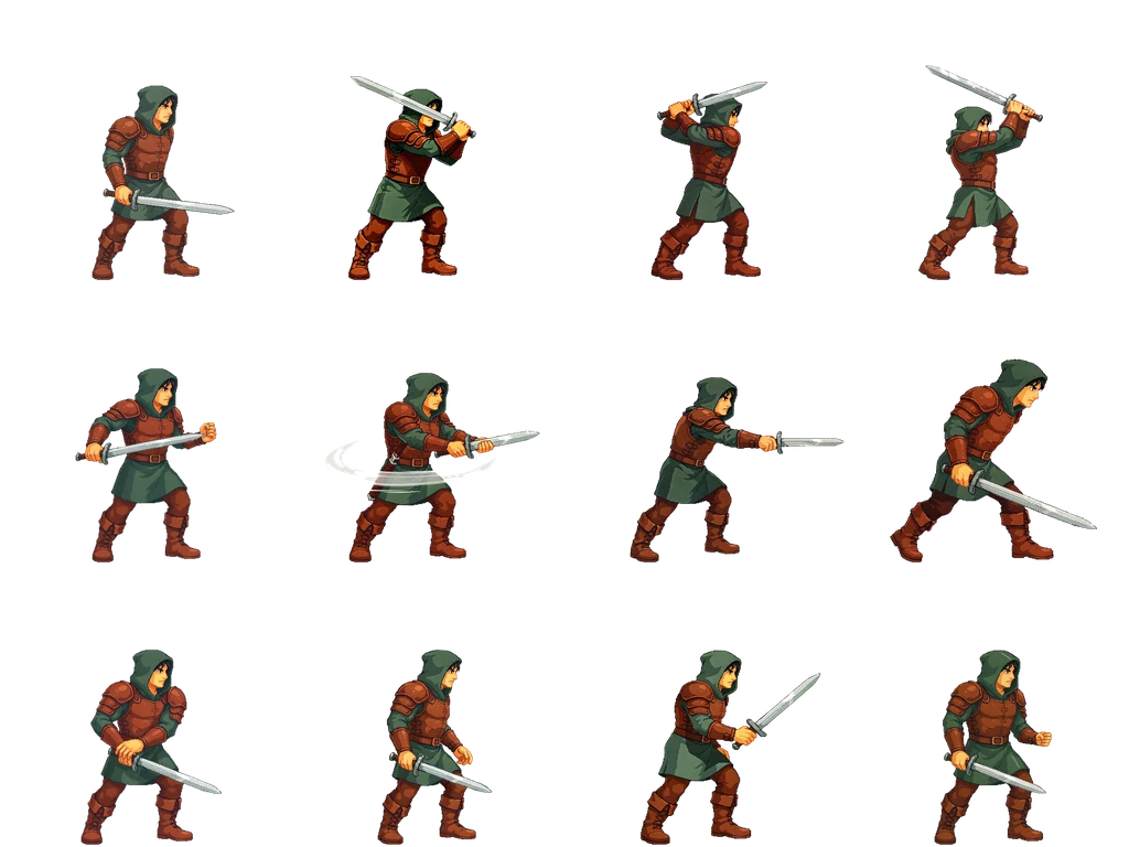 Twelve-frame sprite sheet of a pixel-art swordfighter in a hooded green tunic swinging a sword, four columns by three rows