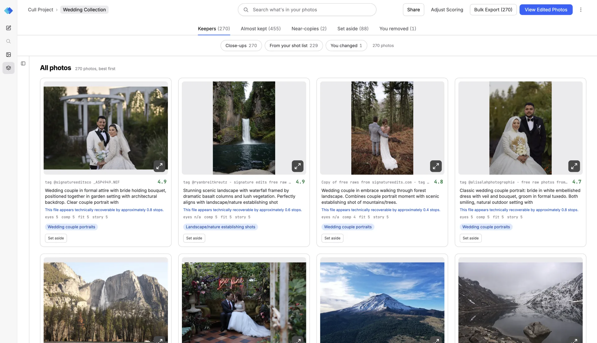 DreamLayer culling review showing grouped wedding photographs and selected keepers from a full shoot