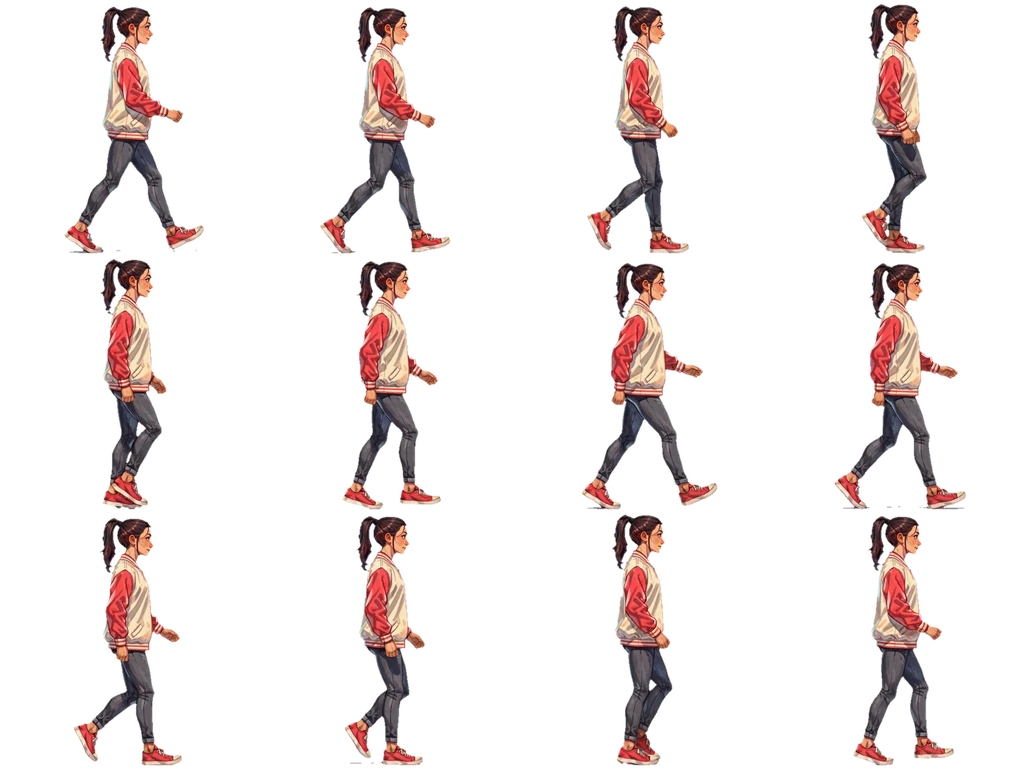Twelve generated walk frames of one varsity-jacket character, arranged in a four-column sprite sheet