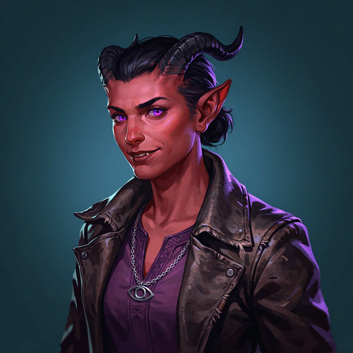 Painterly portrait of a tiefling warlock with crimson skin, curved black horns, violet eyes, a leather coat, and a silver eye pendant.