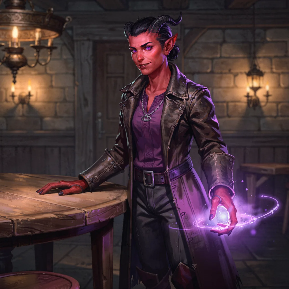 The same tiefling warlock standing full-length in a candlelit tavern, one hand on a wooden table, violet magic glowing in the other.