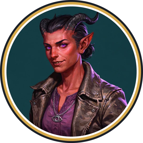The same tiefling warlock square cut to a round VTT token with a dark outer ring and a gold inner ring, transparent outside the circle.
