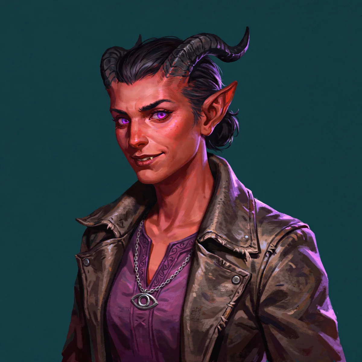Square head-and-shoulders portrait of the same tiefling warlock on a flat dark teal background, ready to be cropped into a token.