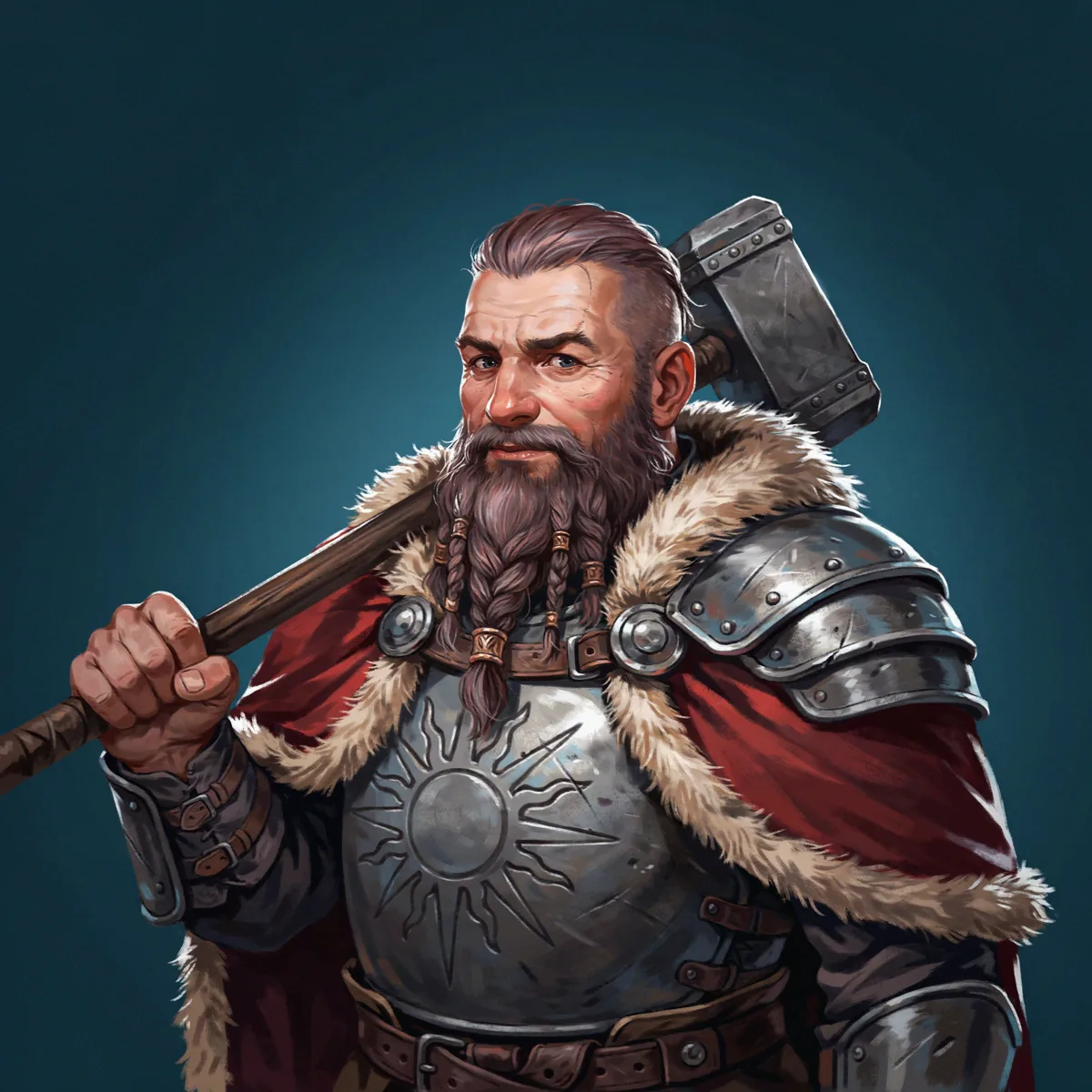 Painterly portrait of a dwarf cleric with a braided beard, a sun-embossed steel breastplate, a fur-lined cloak, and a warhammer over one shoulder.