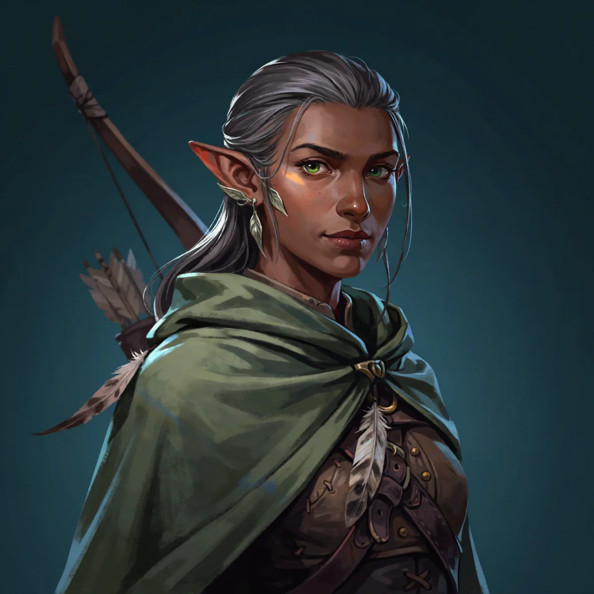 Painterly portrait of a wood elf ranger with silver hair, a moss-green hooded cloak, leaf-shaped ear cuffs, and a longbow across the back.