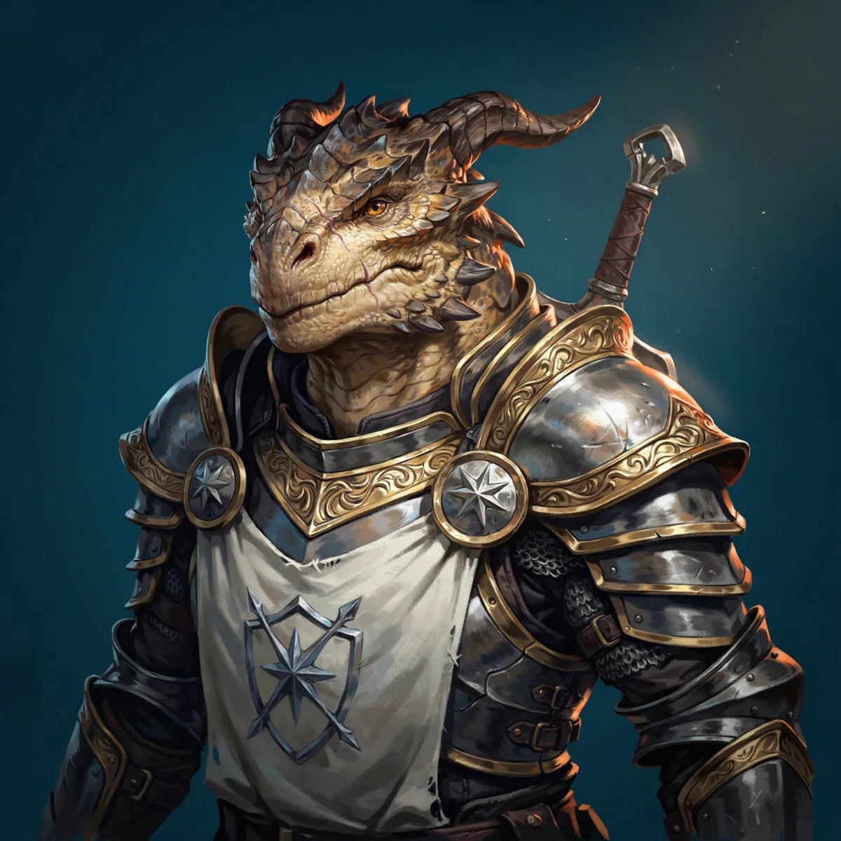 Painterly portrait of a brass-scaled dragonborn paladin in ornate plate armor with a white tabard and a shield-and-star holy symbol.