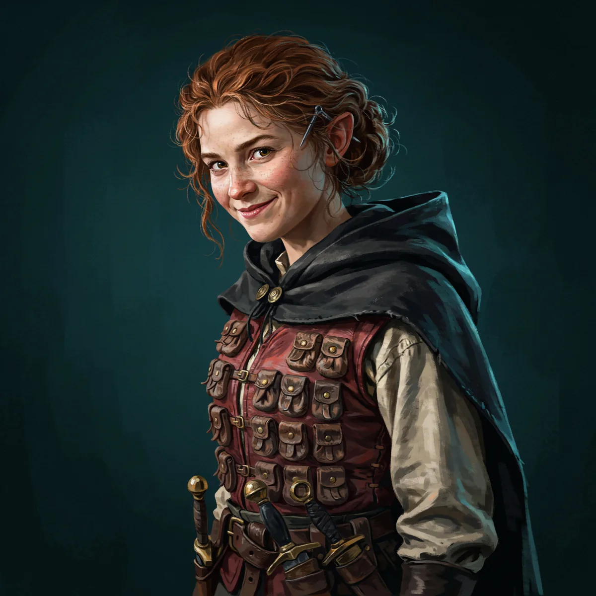 Painterly portrait of a grinning halfling rogue with auburn curls, a hooded half-cloak, a pouch-covered leather vest, and two daggers.