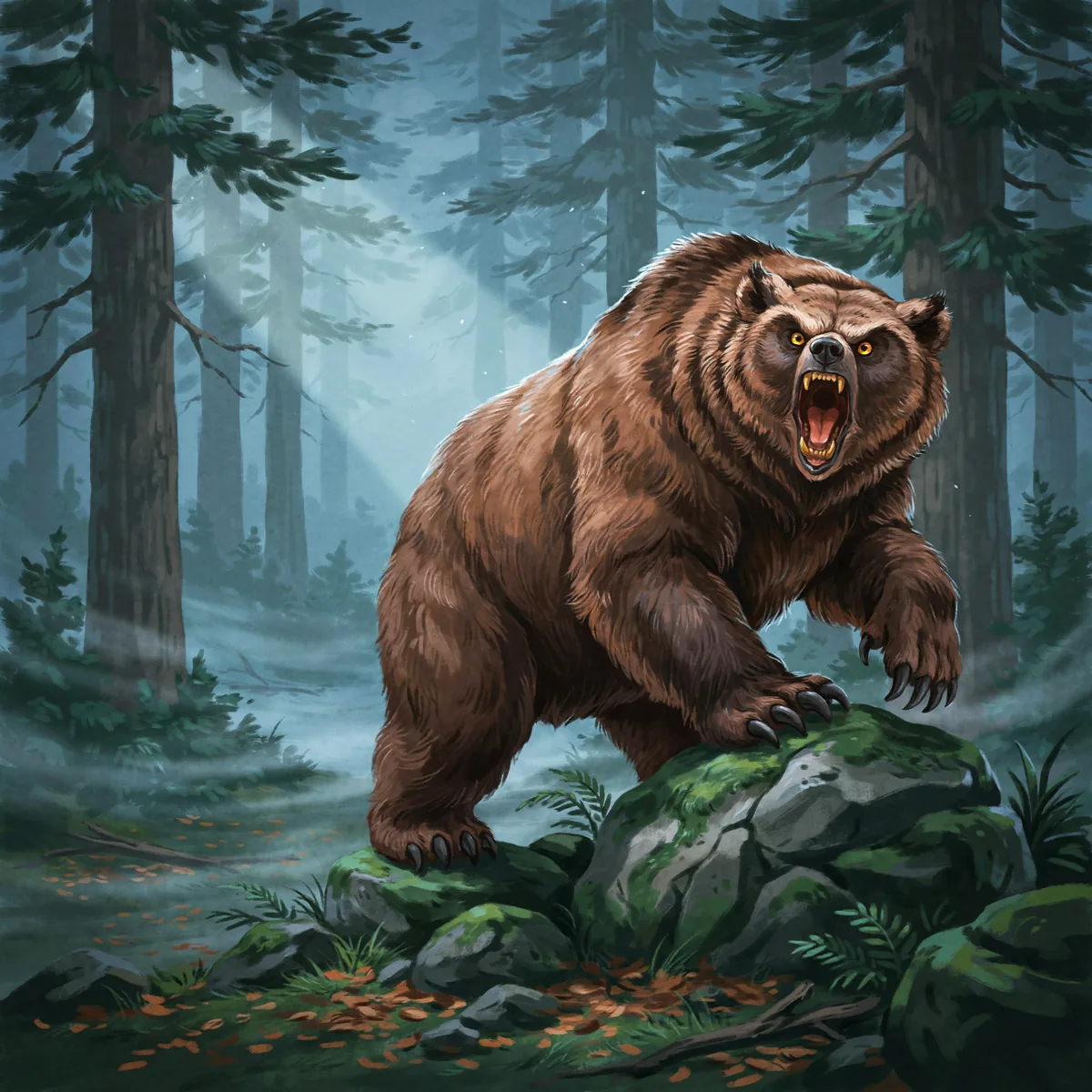 First pass: a large bear crouched on mossy boulders in a misty forest, glowing yellow eyes, no owl features.