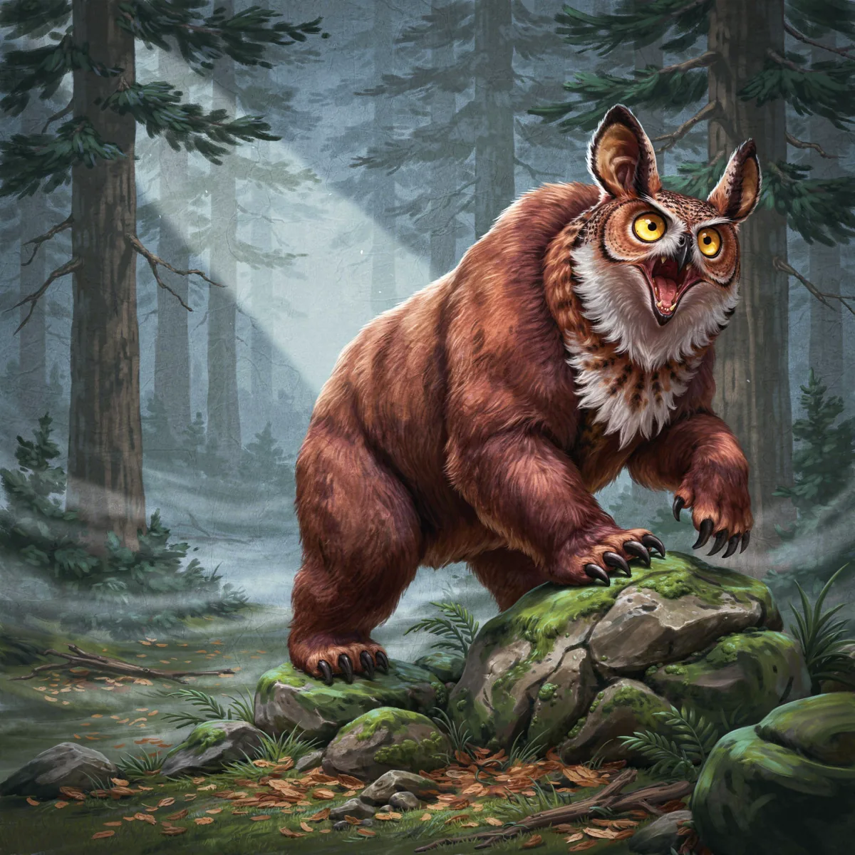 Follow-up turn: the same scene and body with the head replaced by a great horned owl's, hooked beak open, round yellow eyes, feathers blending into fur.