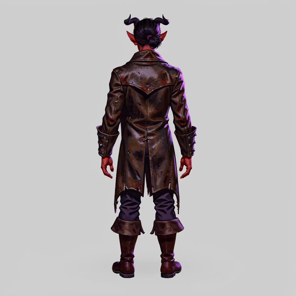 Back view of the same tiefling warlock: horns and bun from behind, the coat's back yoke and strapped cuffs, boots with folded brown tops
