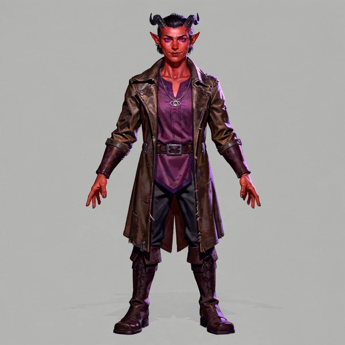 Front view of the tiefling warlock: crimson skin, curved horns, violet eyes, leather coat over a purple tunic, silver eye pendant, tall laced boots