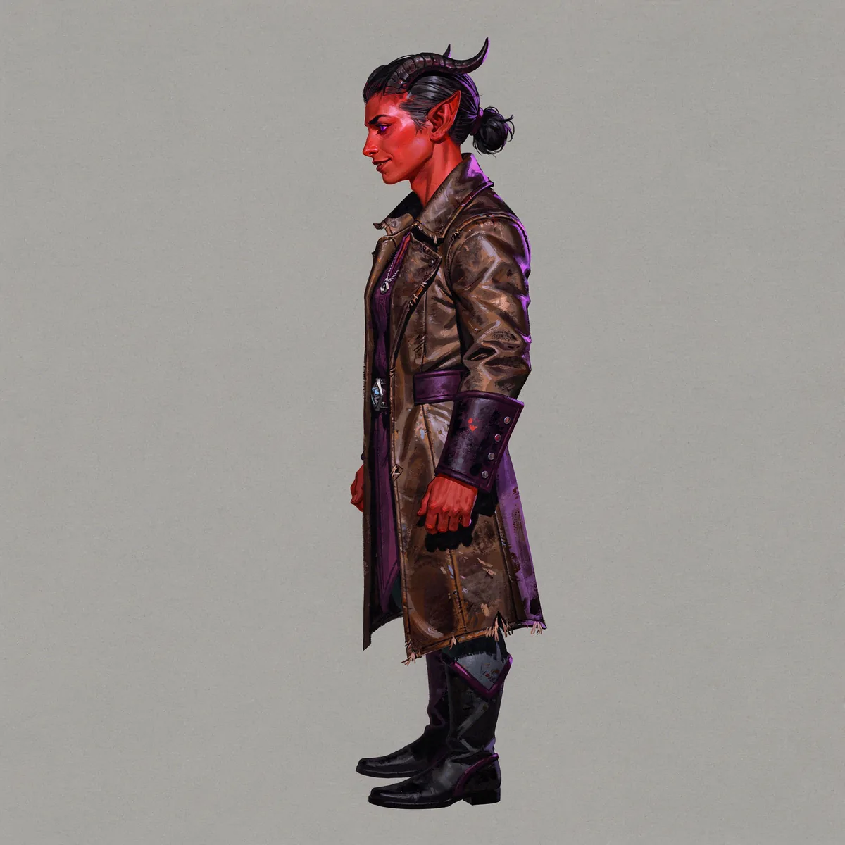 Left profile of the same tiefling warlock: horns curving back, hair in a bun, the leather coat with strapped cuffs, the pendant, plain tall boots